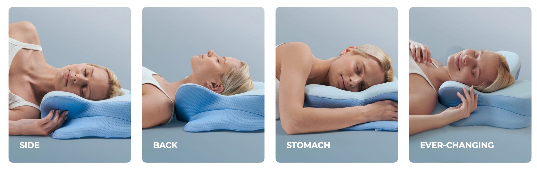 Derila Ergo pillow shown supporting a sleeper in side, back, stomach and changing positions