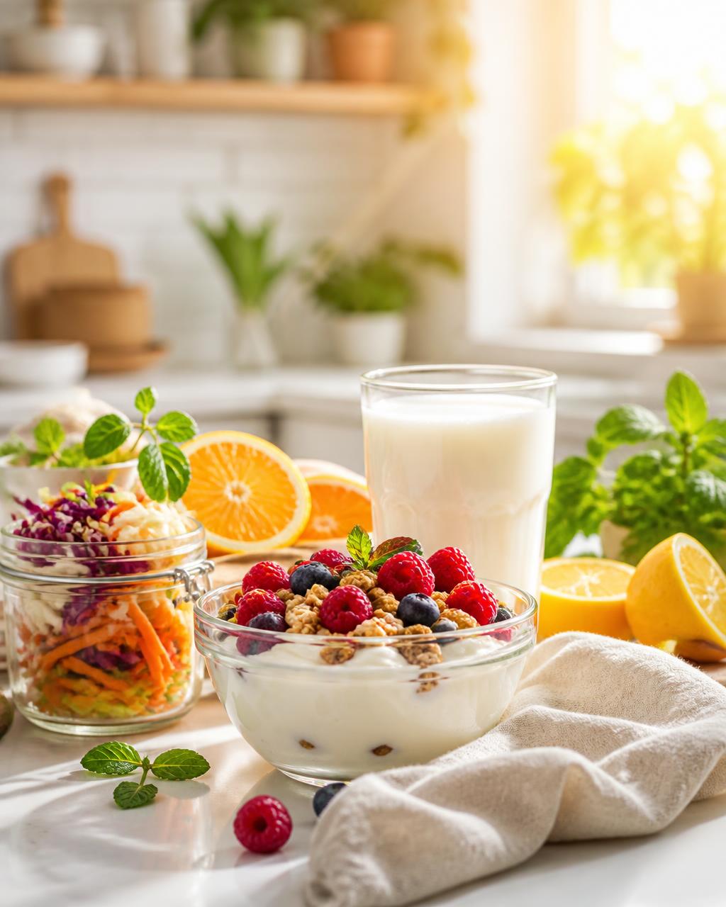A bright bowl of yogurt topped with berries and granola, a glass of kefir, fresh citrus and fermented vegetables in warm morning light