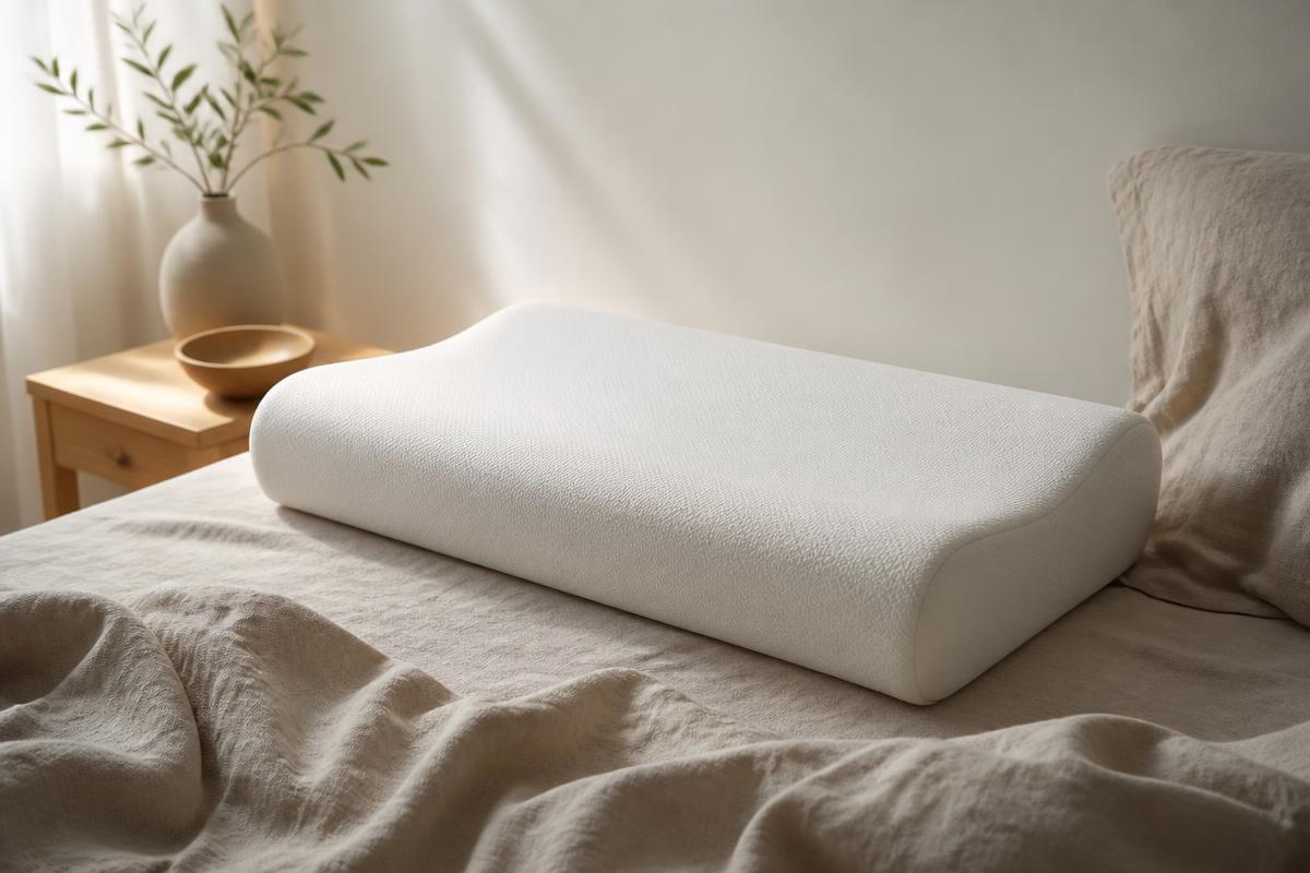 A white contoured memory foam pillow on a linen bed in soft morning light