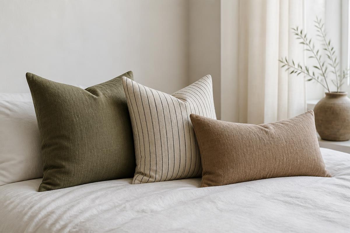 Three pillows arranged in a row on a neatly made bed with white linen and morning light